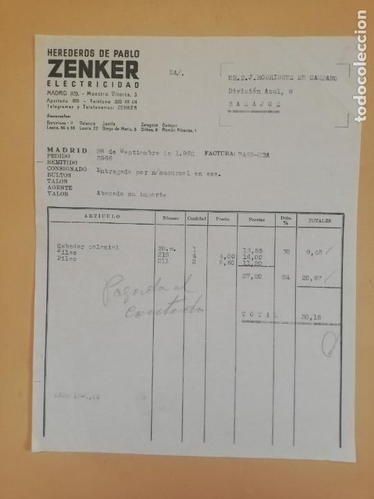 Old Invoices: FACTURA. ZENKER, ELECTRICIDAD. HEREDEROS DE PABLO. MADRID, 1962.