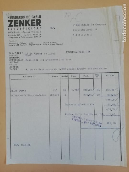 Old Invoices: FACTURA. ZENKER, ELECTRICIDAD. HEREDEROS DE PABLO. MADRID, 1962.