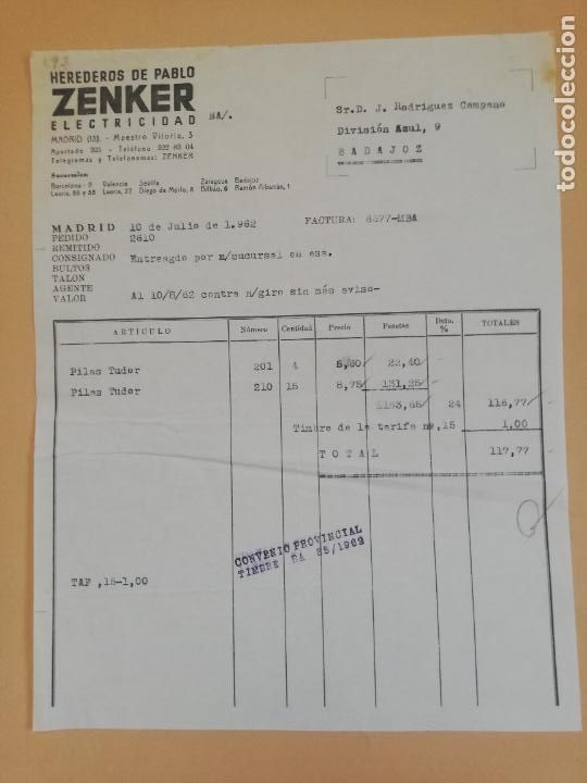 Old Invoices: FACTURA. ZENKER, ELECTRICIDAD. HEREDEROS DE PABLO. MADRID, 1962.