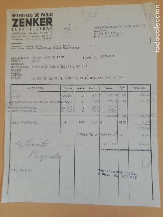 Old Invoices: FACTURA. ZENKER, ELECTRICIDAD. HEREDEROS DE PABLO. MADRID, 1962.