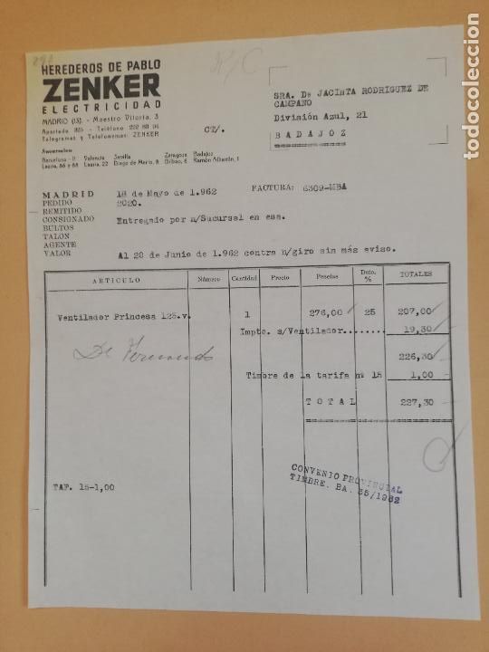 Old Invoices: FACTURA. ZENKER, ELECTRICIDAD. HEREDEROS DE PABLO. MADRID, 1962.
