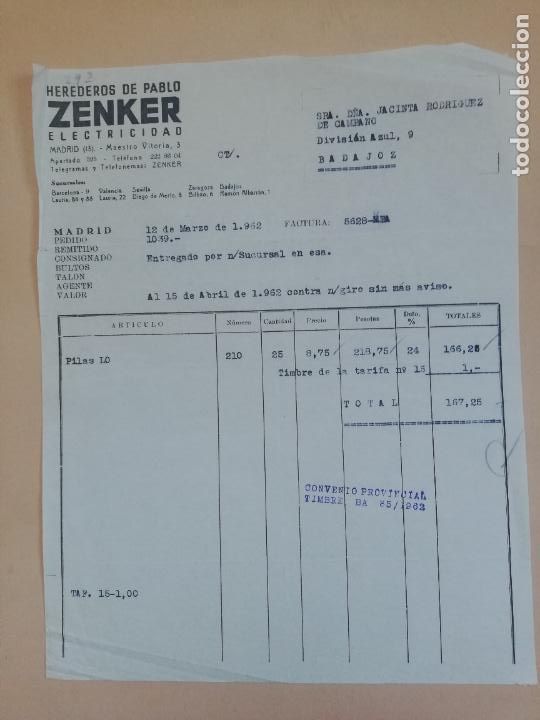 Old Invoices: FACTURA. ZENKER, ELECTRICIDAD. HEREDEROS DE PABLO. MADRID, 1962.