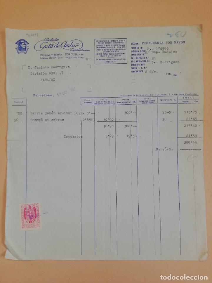 Facturas antiguas: FACTURA. PRODUCTOS GOTA DE AMBAR, S. A. BARCELONA. 1950.