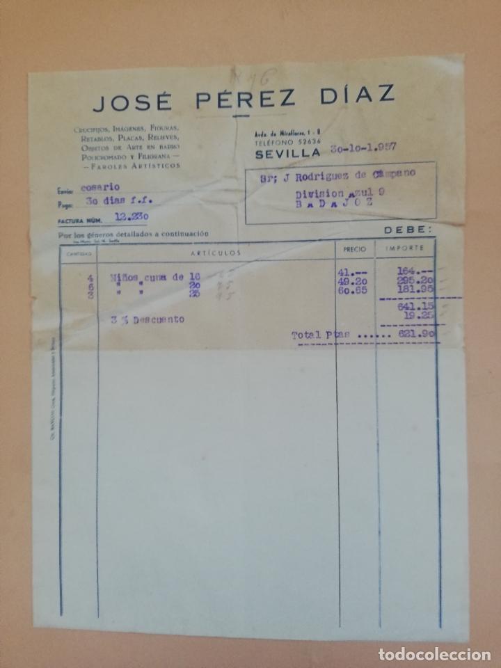 Old Invoices: FACTURA. CRUCIFIJOS-IMAGENES-FIGURAS-RETABLOS. JOSE PEREZ DIAZ. SEVILLA, 1957.