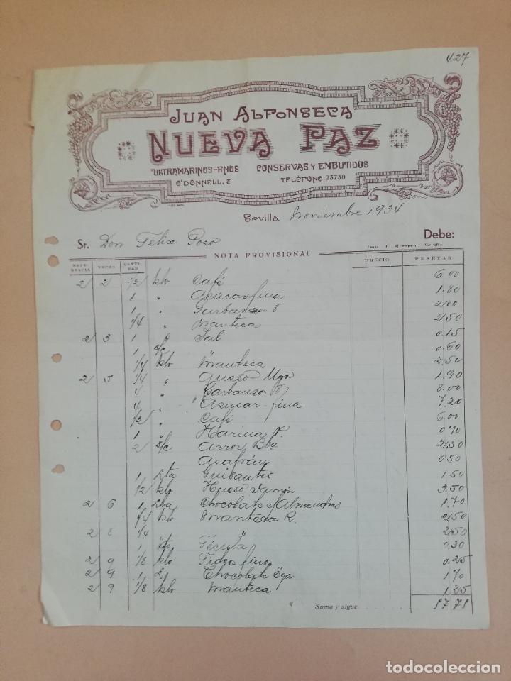 Old Invoices: FACTURA. ULTRAMARINOS FINOS. CONSERVAS Y EMBUTIDOS. NUEVA PAZ. JUAN ALFONSECA. SEVILLA, 1934.
