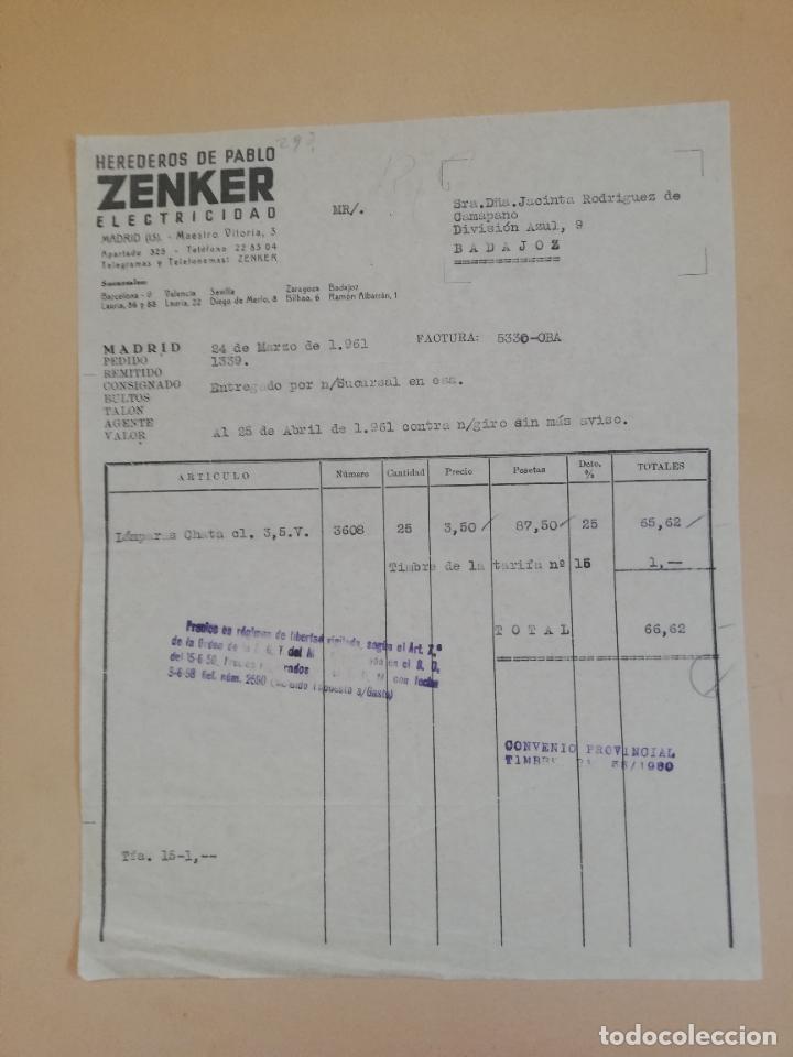 Old Invoices: FACTURA. ZENKER, ELECTRICIDAD. HEREDEROS DE PABLO. MADRID, 1961.