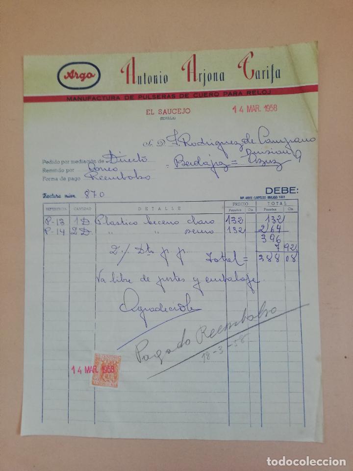 Old Invoices: FACTURA. MANUFACTURA DE PULSERAS DE CUERO PARA RELOJ. ANTONIO ARJONA TARIFA.EL SAUCEDO, SEVILLA,1958