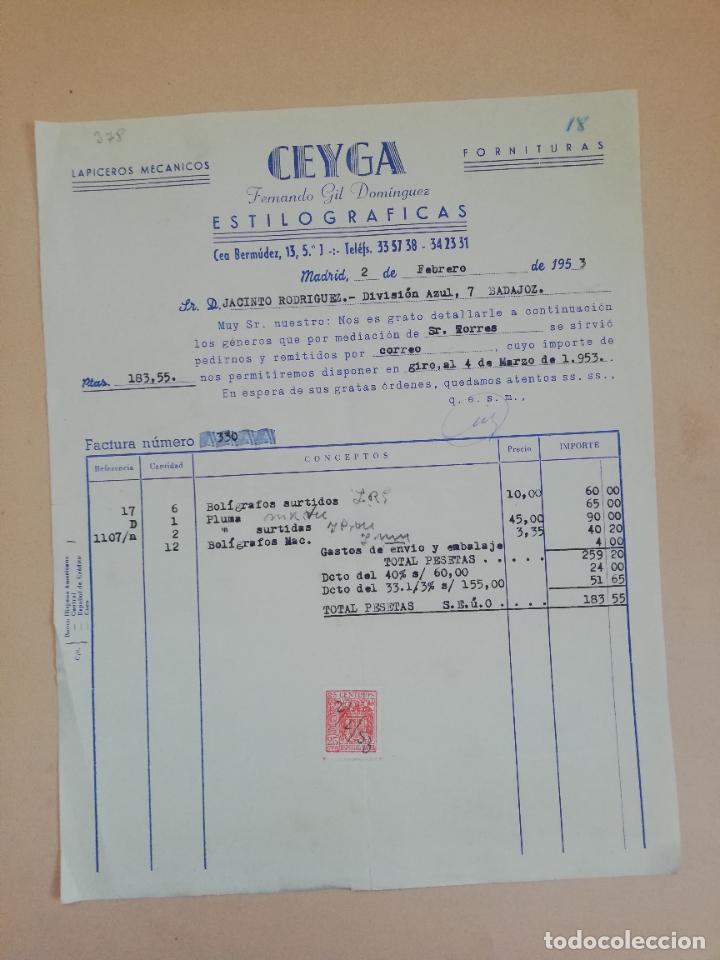Old Invoices: FACTURA. ESTILOGRAFICAS. ALMACEN DE OBJETOS DE ESCRITORIO. CEYGA. FERNANDO GIL D. MADRID. 1953.