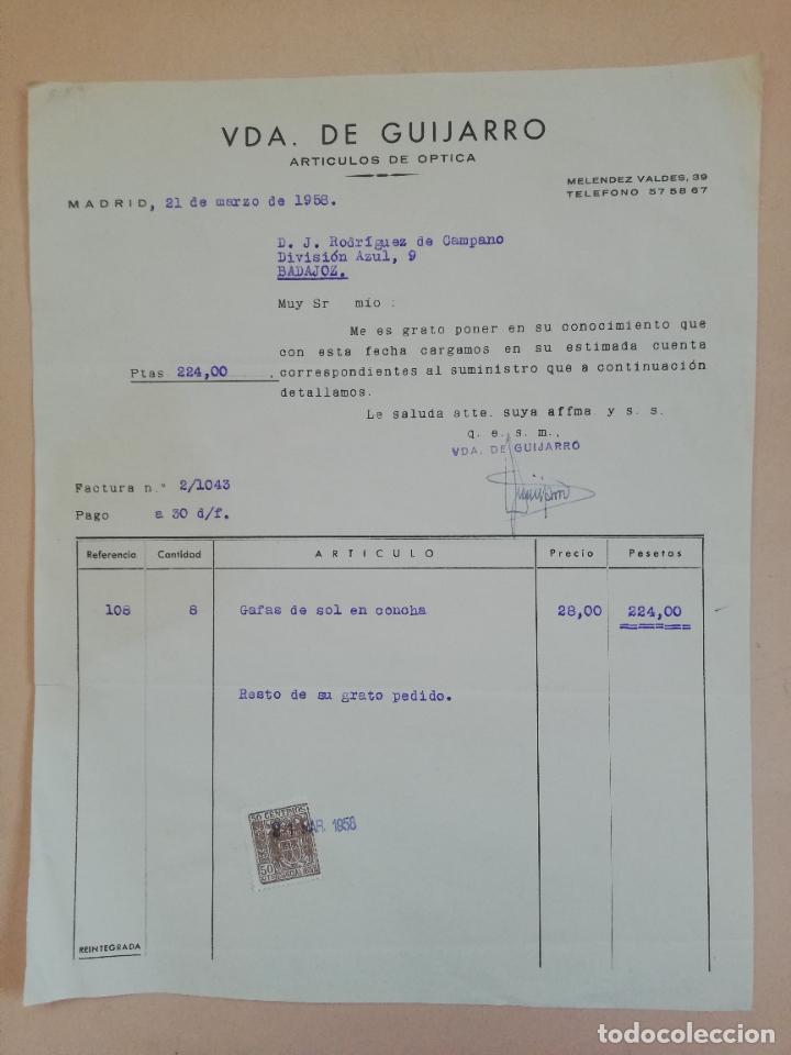 Old Invoices: FACTURA. ARTICULOS DE OPTICA. VDA. DE GUIJARRO. MADRID, 1958.