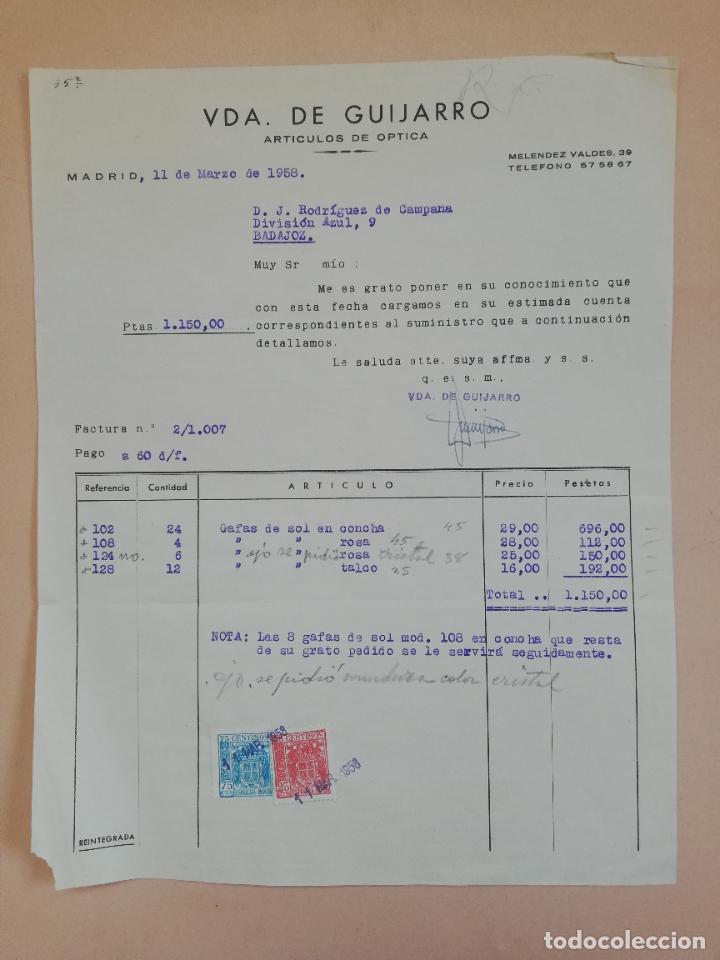 Old Invoices: FACTURA. ARTICULOS DE OPTICA. VDA. DE GUIJARRO. MADRID, 1958.