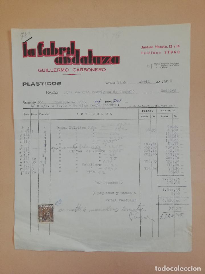 Old Invoices: FACTURA. LA FABRIL ANDALUZA. GUILLERMO CARBONERO. SEVILLA. 1958.
