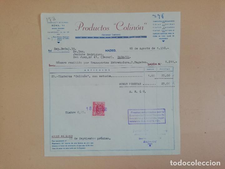 Old Invoices: FACTURA. FABRICACION DE PEGAMENTOS-COLAS LIQUIDAS. PRODUCTOS COLINON, S. L. MADRID, 1950.