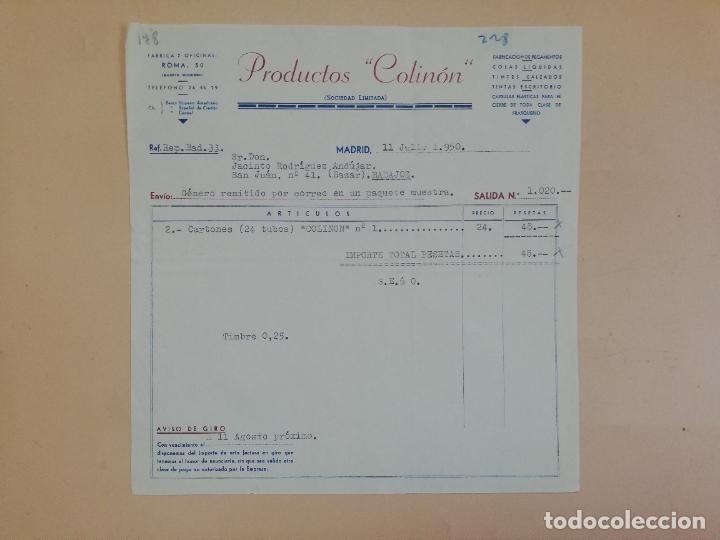 Old Invoices: FACTURA. FABRICACION DE PEGAMENTOS-COLAS LIQUIDAS. PRODUCTOS COLINON, S. L. MADRID, 1950.