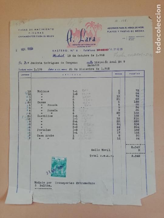 Old Invoices: FACTURA. CASAS DE NACIMIENTO FIGURAS ORNAMENTOS DEL BELEN. A. LARA. MADRID, 1962.