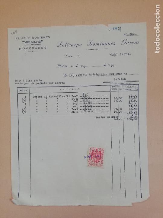 Old Invoices: FACTURA. FAJAS Y SOSTENES, VENUS. POLICARPIO DOMINGUEZ GARCIA. MADRID, 1950.
