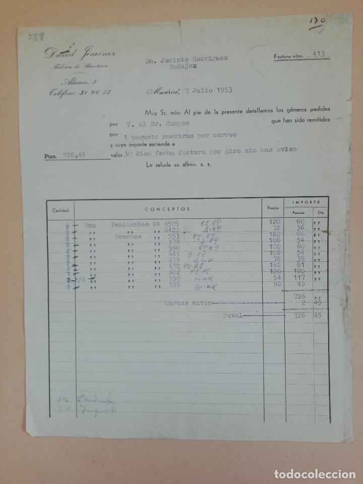 Old Invoices: FACTURA. FABRICA DE BISUTERIA. DAVID JIMENEX. MADRID, 1953.
