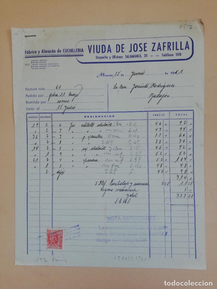 Old Invoices: FACTURA. FABRICA Y ALMACEN DE CUCHILLERIA. VIUDA DE JOSE ZAFRILLA. ALBACETE. 1951.