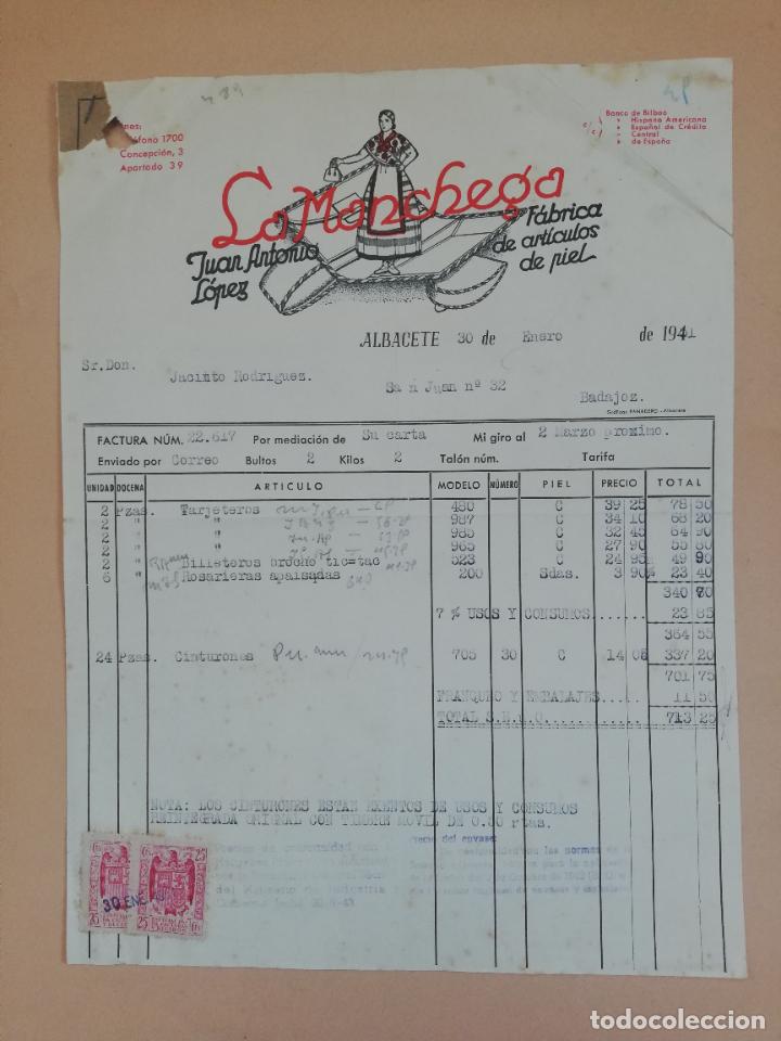 Old Invoices: FACTURA. FABRICA DE ARTICULOS DE PIEL. LA MANCHEGA. JUAN ANTONIO LOPEZ. ALBACETE. 1951.