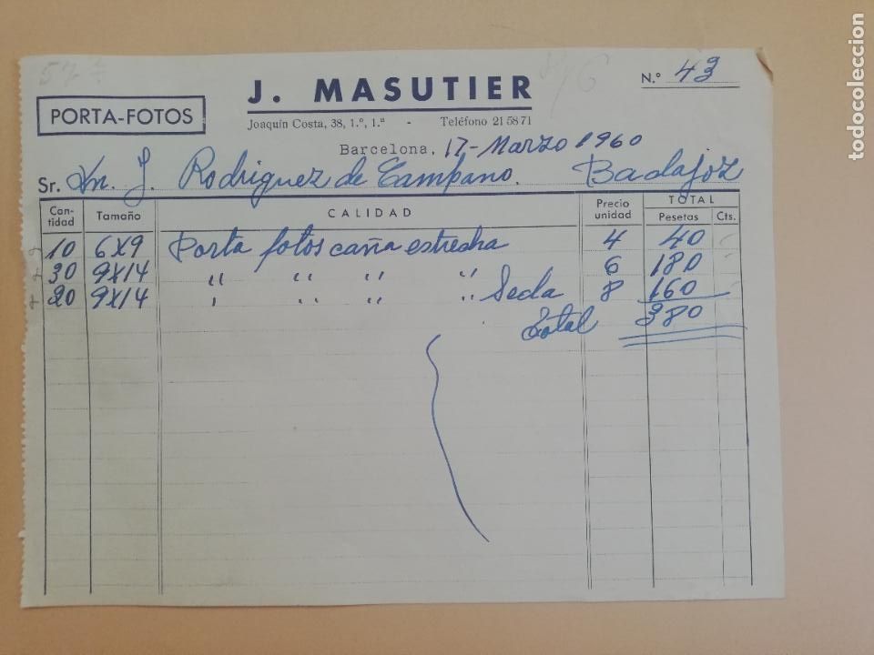 Old Invoices: FACTURA. PORTA-FOTOS. J. MASUTIER. BARCELONA. 1960.