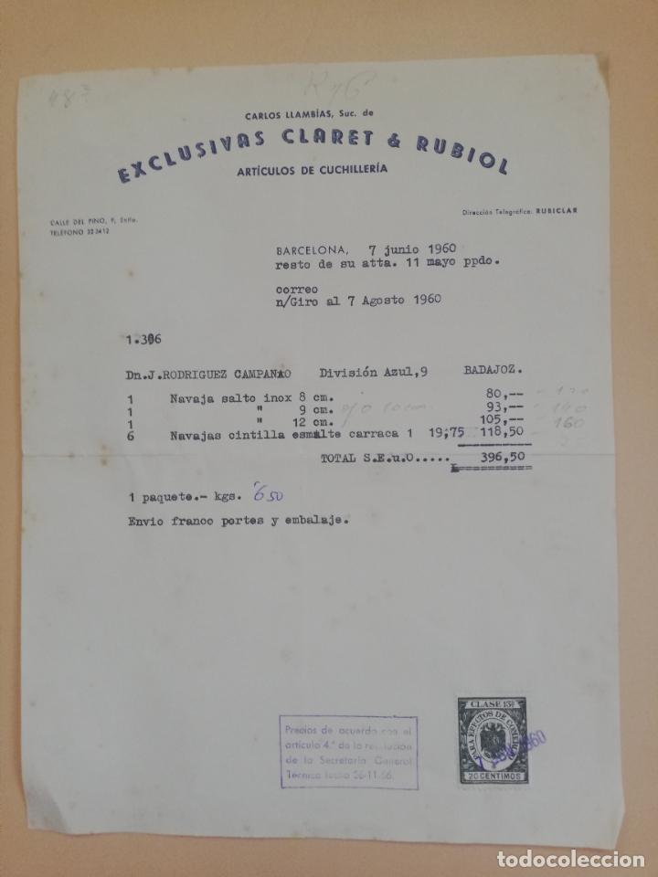 Old Invoices: FACTURA. ARTICULOS DE CUCHILLERIA. EXCLUSIVAS CLARET & RUBIOL. BARCELONA, 1960.