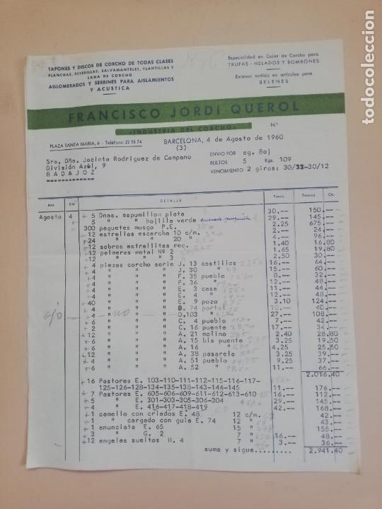 Old Invoices: FACTURA. TAPONES Y DISCOS DE CORCHO DE TODAS CLASES. FRANCISCO JORDI QUEROL. BARCELONA, 1960.