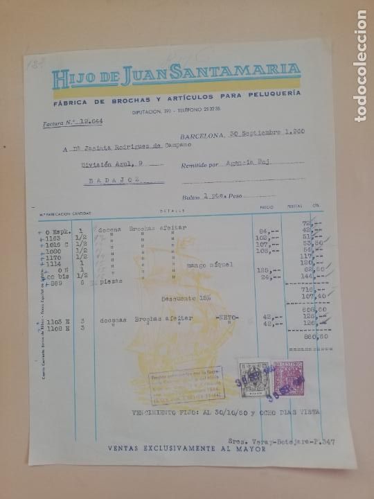 Old Invoices: FACTURA. FABRICA DE BROCHAS Y ARTICULOS PARA PELUQUERIA. HIJO DE JUAN SANTAMARIA. BARCELONA. 1960.