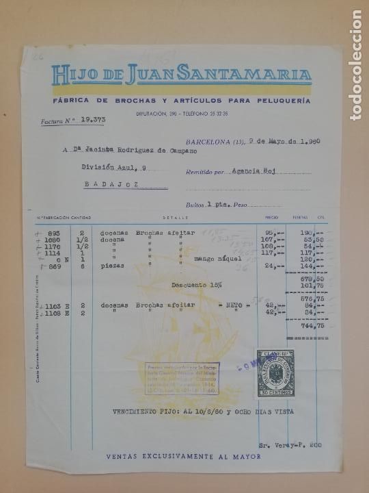 Old Invoices: FACTURA. FABRICA DE BROCHAS Y ARTICULOS PARA PELUQUERIA. HIJO DE JUAN SANTAMARIA. BARCELONA. 1960.