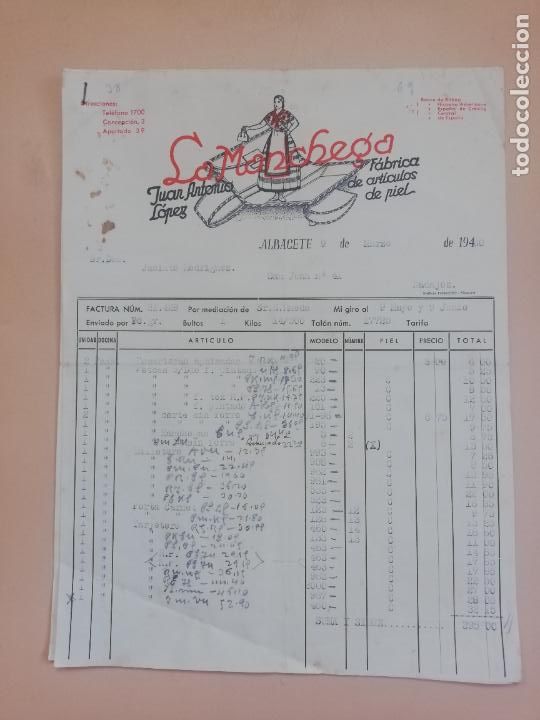 Old Invoices: FACTURA. FABRICA DE ARTICULOS DE PIEL. LA MANCHEGA. JUAN ANTONIO LOPEZ. ALBACETE. 1950. DOS HOJAS.