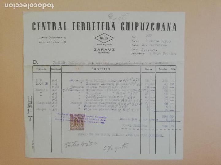 Old Invoices: FACTURA. CENTRAL FERRETERA GUIPUZCOANA. CAICA. ZARAUZ, GUIPUZCOA, 1955.