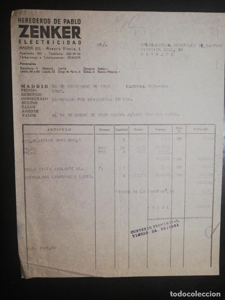 Old Invoices: FACTURA. ZENKER, ELECTRICIDAD. HEREDEROS DE PABLO. MADRID, 1961.