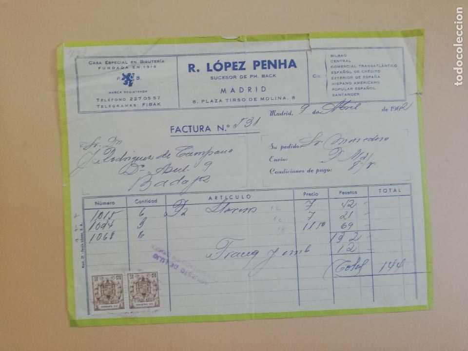 Old Invoices: FACTURA. R. LOPEZ PENHA, SUCESOR DE PH. BACK. MADRID, 1962.