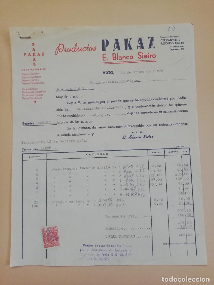 Old Invoices: FACTURA. PRODUCTOS PAKAZ. ESPEJOS TOCADOR-SANITARIOS. E. BLANCO SIEIRO. VIGO, 1950.