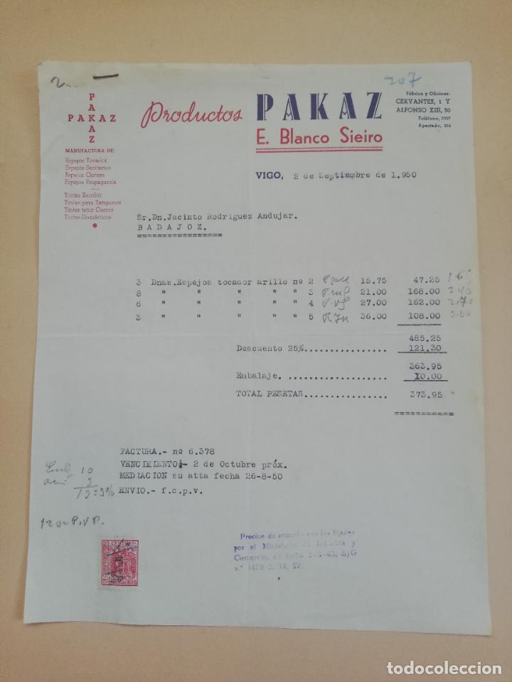 Old Invoices: FACTURA. PRODUCTOS PAKAZ. ESPEJOS TOCADOR-SANITARIOS. E. BLANCO SIEIRO. VIGO, 1950.