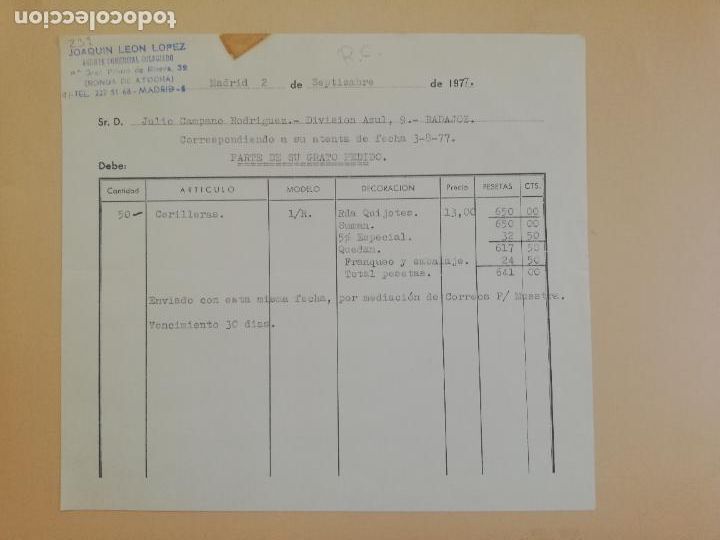Old Invoices: FACTURA. JOAQUIN LEON LOPEZ. AGENTE COMERCIAL COLEGIADO. MADRID, 1977.