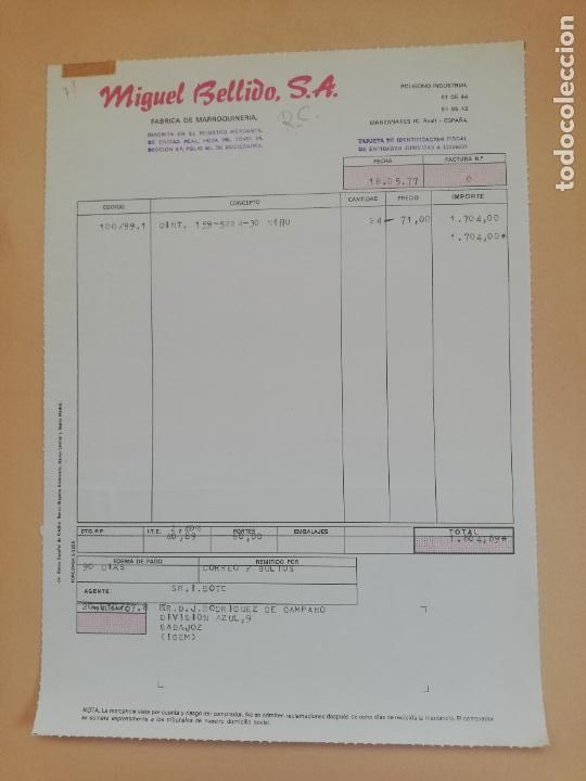 Old Invoices: FACTURA. FABRICA DE MARROQUINERIA. MIGUEL BELLIDO, S.A. MANZANARES, CIUDAD REAL, 1977.