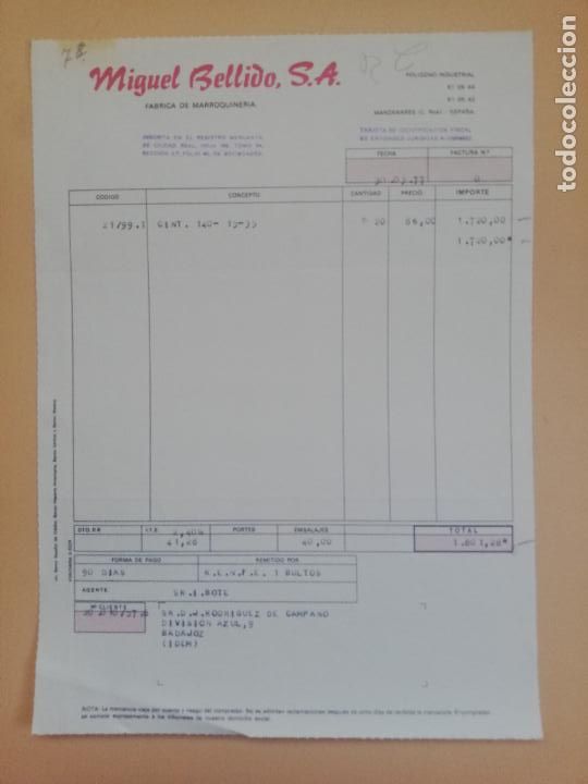 Old Invoices: FACTURA. FABRICA DE MARROQUINERIA. MIGUEL BELLIDO, S.A. MANZANARES, CIUDAD REAL, 1977.