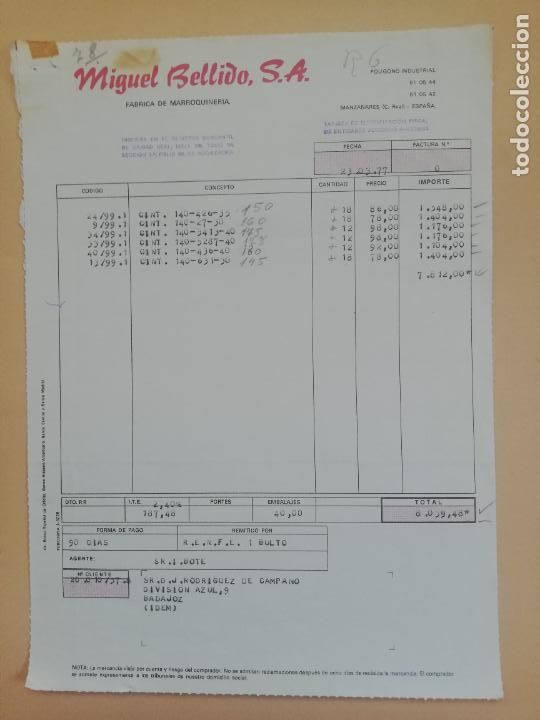 Old Invoices: FACTURA. FABRICA DE MARROQUINERIA. MIGUEL BELLIDO, S.A. MANZANARES, CIUDAD REAL, 1977.