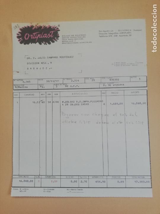 Old Invoices: FACTURA. BOLSAS DE POLITENO-SACOS INDUSTRIALES. ORTIPLAST. OLIVENZA, BADAJOZ, 1977.