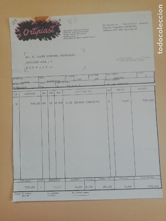 Old Invoices: FACTURA. BOLSAS DE POLITENO-SACOS INDUSTRIALES. ORTIPLAST. OLIVENZA, BADAJOZ, 1977.