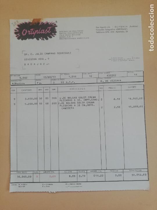 Old Invoices: FACTURA. BOLSAS DE POLITENO-SACOS INDUSTRIALES. ORTIPLAST. OLIVENZA, BADAJOZ, 1977.