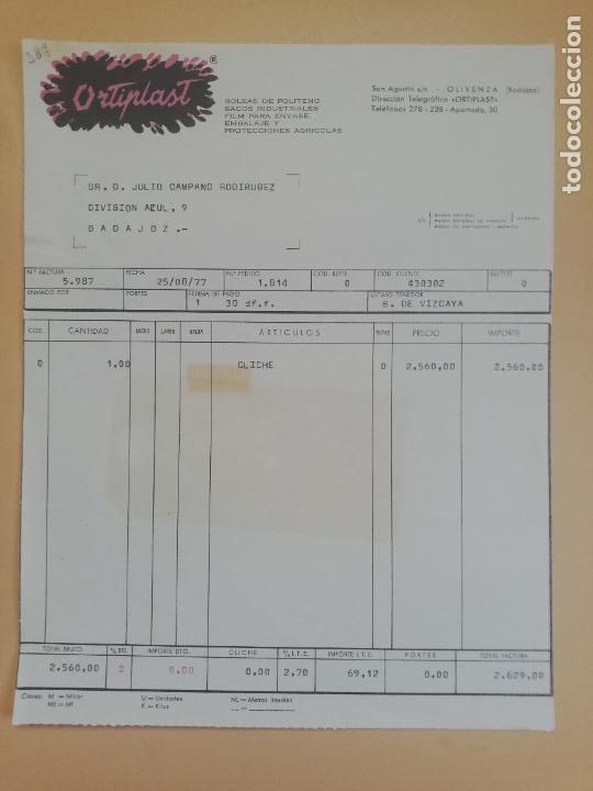 Old Invoices: FACTURA. BOLSAS DE POLITENO-SACOS INDUSTRIALES. ORTIPLAST. OLIVENZA, BADAJOZ, 1977.