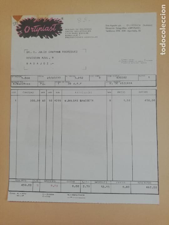 Old Invoices: FACTURA. BOLSAS DE POLITENO-SACOS INDUSTRIALES. ORTIPLAST. OLIVENZA, BADAJOZ, 1977.