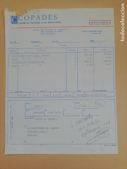 Old Invoices: FACTURA. COMERCIAL PAPELERA Y DEL ENVOLTORIO. COPADES. GETAFE, MADRID, 1977.