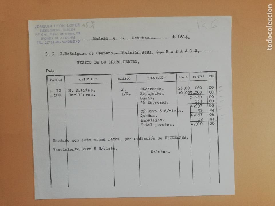Old Invoices: FACTURA. JOAQUIN LEON LOPEZ. AGENTE COMERCIAL COLEGIADO. MADRID, 1974.