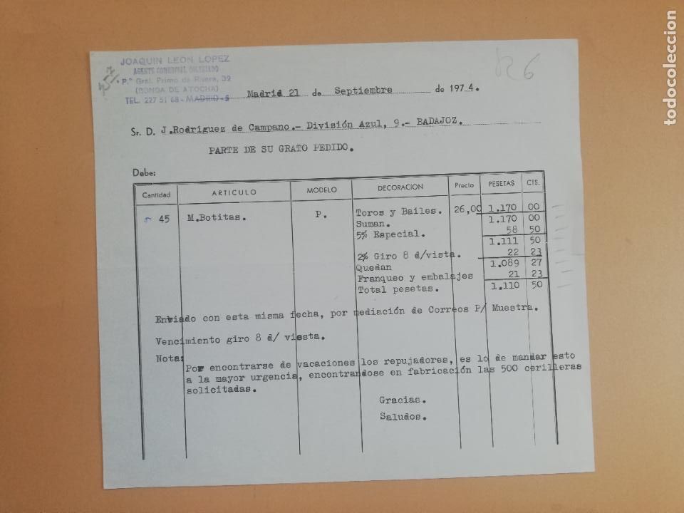 Old Invoices: FACTURA. JOAQUIN LEON LOPEZ. AGENTE COMERCIAL COLEGIADO. MADRID, 1974.