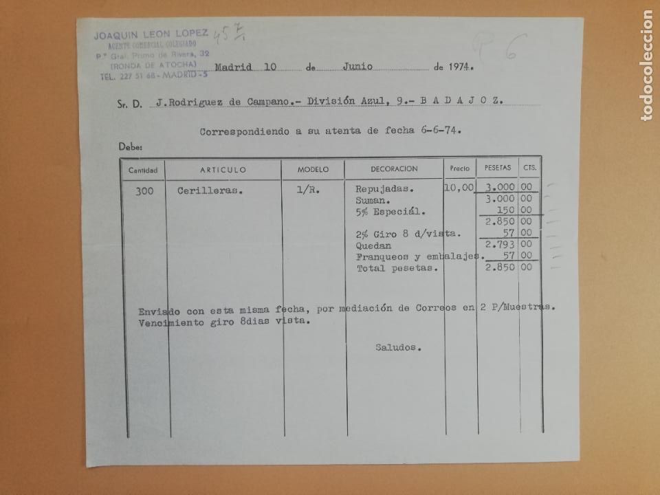 Old Invoices: FACTURA. JOAQUIN LEON LOPEZ. AGENTE COMERCIAL COLEGIADO. MADRID, 1974.