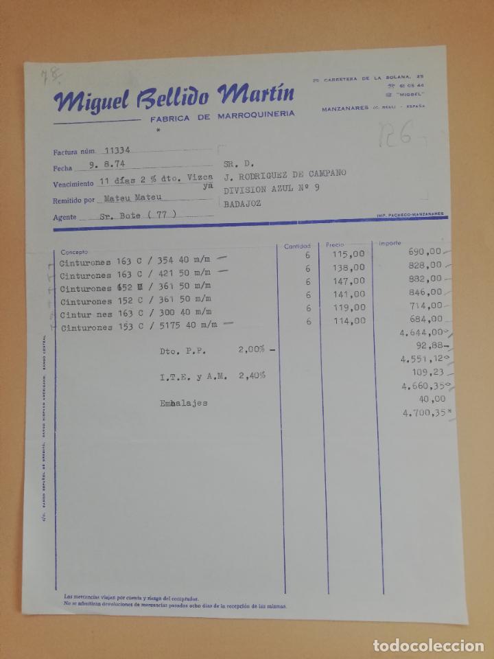 Factures anciennes: FACTURA. FABRICA DE MARROQUINERIA. MIGUEL BELLIDO MARTIN. MANZANARES, CIUDAD REAL, 1974.