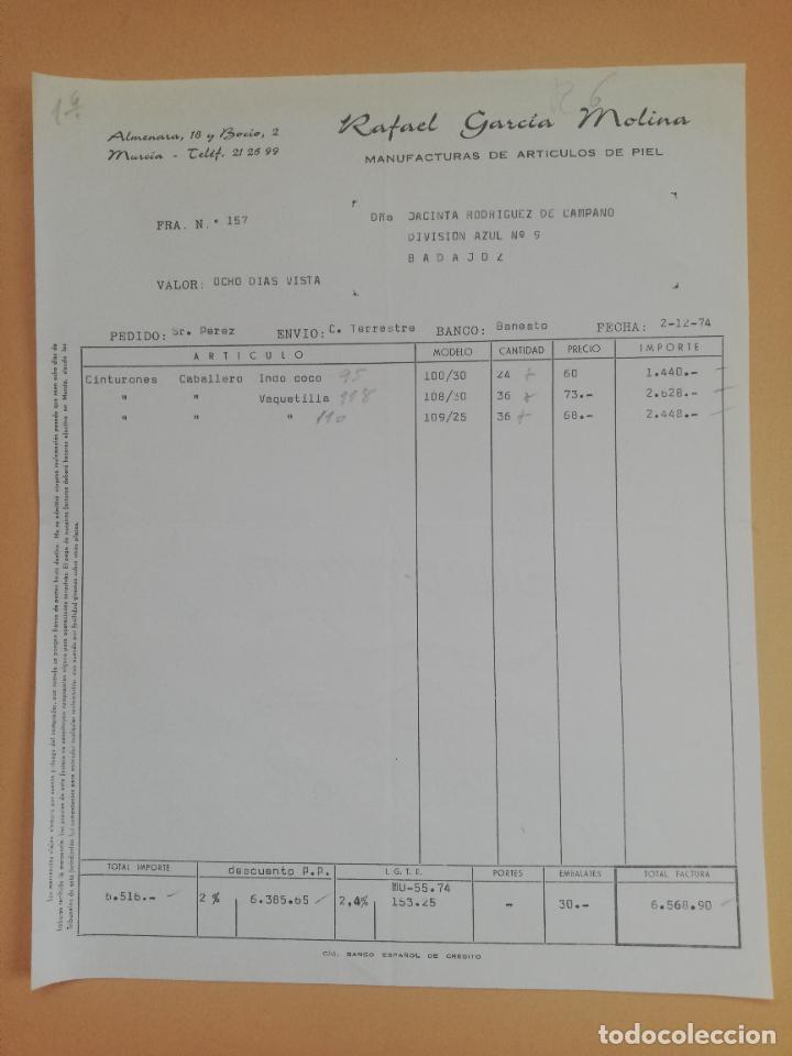 Factures anciennes: FACTURA. MANUFACTURAS DE ARTICULOS DE PIEL. RAFAEL GARCIA MOLINA. MURCIA, 1974.