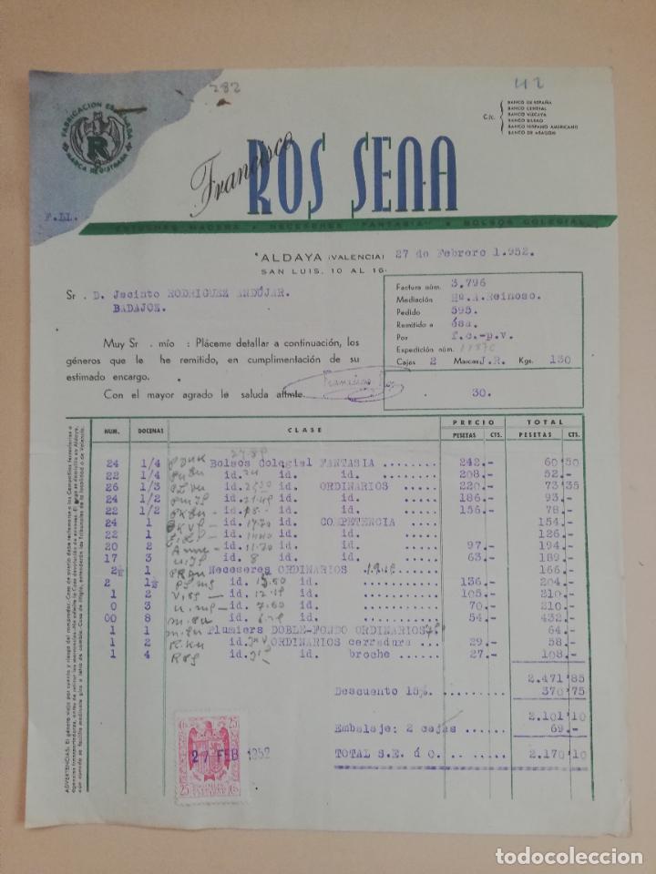 Factures anciennes: FACTURA. ESTUCHES MADERA-NECESERES-FANTASIA-BOLSOS COLEGIAL. FCO. ROS SENA. ALDAYA, VALENCIA, 1952.