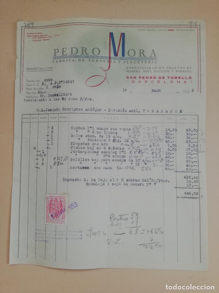 Factures anciennes: FACTURA. FABRICA DE TORNERIA Y JUGUETERIA. PEDRO MORA. SAN PEDRO DE TORELLO, BARCELONA. 1953.